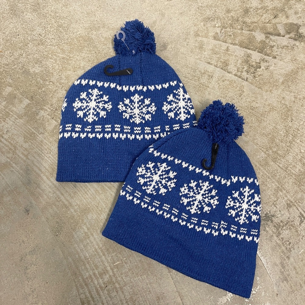 Juncture Blue White Snowflake Fleece Lined Beanie Pom Pom Hat Set of 2 NWT